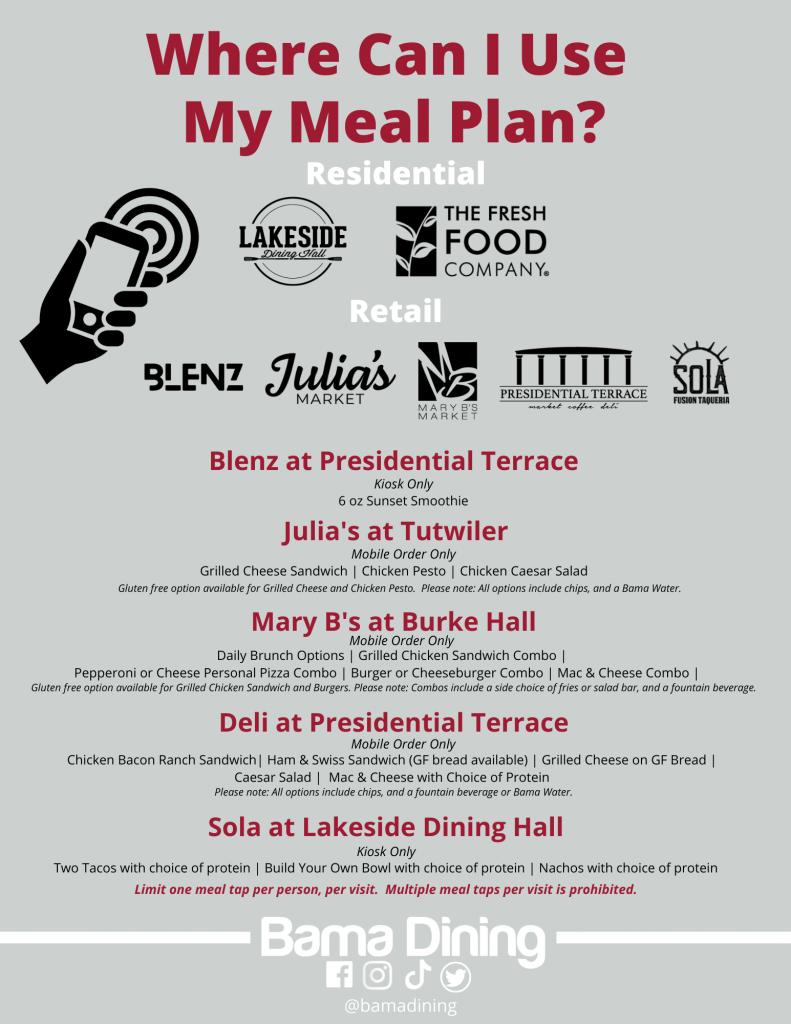 Sola accepts meal plans for select menu items. Julia's Market in Tutwiler accepts meal plans for select items at Boar’s Head Deli. Terrace Market in the Witt Center in Presidential Village accepts meal plans for select deli options. Fruited in the Witt Center in Presidential Village accepts meal plans for a regular 7 oz smoothie. Mary B's in Burke Hall accepts meal plans for select combos.
