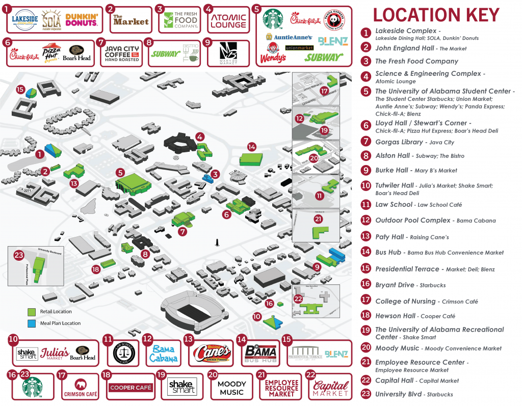 Map of dining locations on campus. Link to listing of all locations available on the locations page.