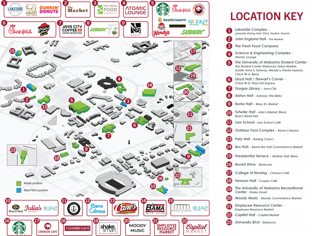 Map with campus dining locations. List of locations available at: https://ua.campusdish.com/LocationsAndMenus/Tuscaloosa.